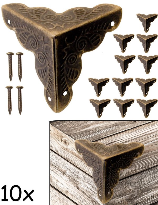FUXXER® - 10x Antik Möbel-Ecken, Metall Schutz-Ecken, Kanten-Schutz Beschläge für Kisten Boxen Möbel