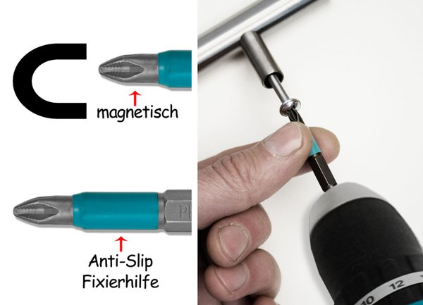 FUXXER® - 10 tlg. Bit-Set, magnetische S2 Stahl Kreuz-Schlitz Schraub-Bits mit Anti-Slip, Zentrier-H